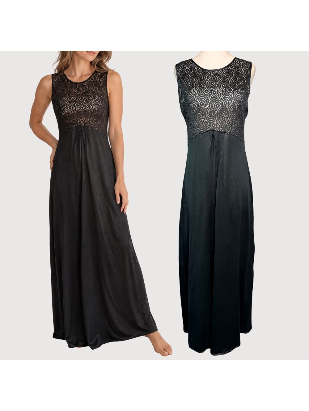Vintage Hanro Mercerized Cotton Lace Maxi Nightgown Black S